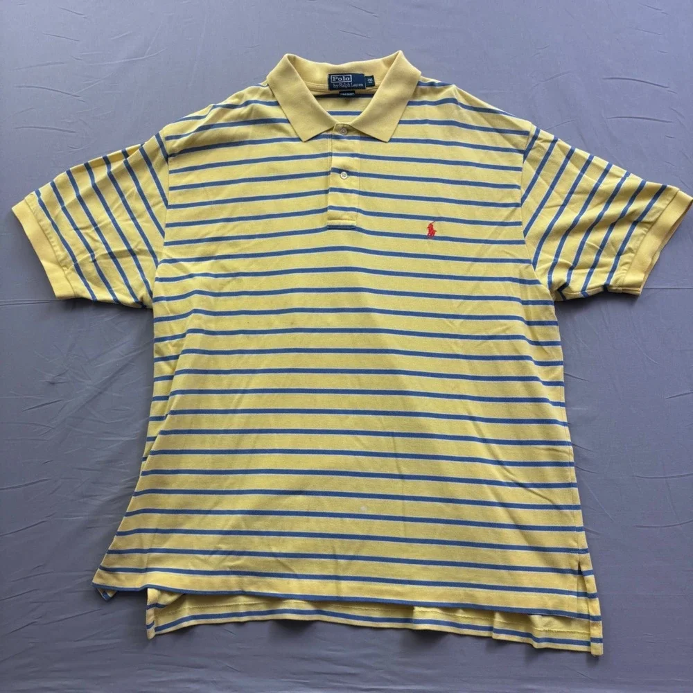 Polo Ralph Lauren Mens 2XL Big Yellow Blue Striped Short Sleeve Pique Polo Shirt